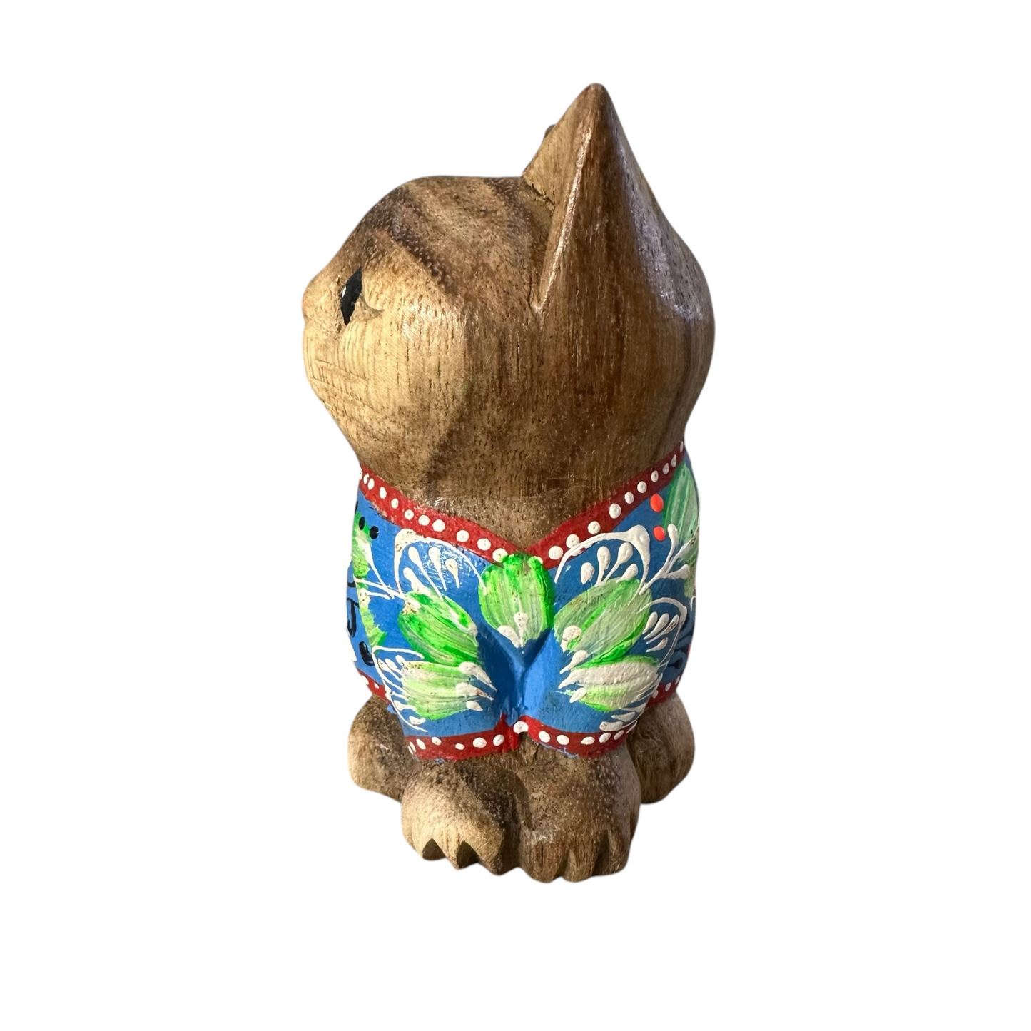 Hand-Carved Wooden Cat Figurine with Hand-Painted Floral Design Blue Version – Azure Blossom Cat