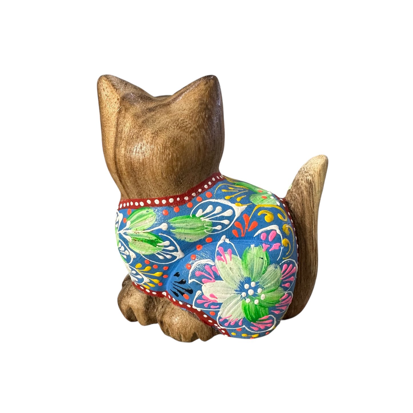 Hand-Carved Wooden Cat Figurine with Hand-Painted Floral Design Blue Version – Azure Blossom Cat