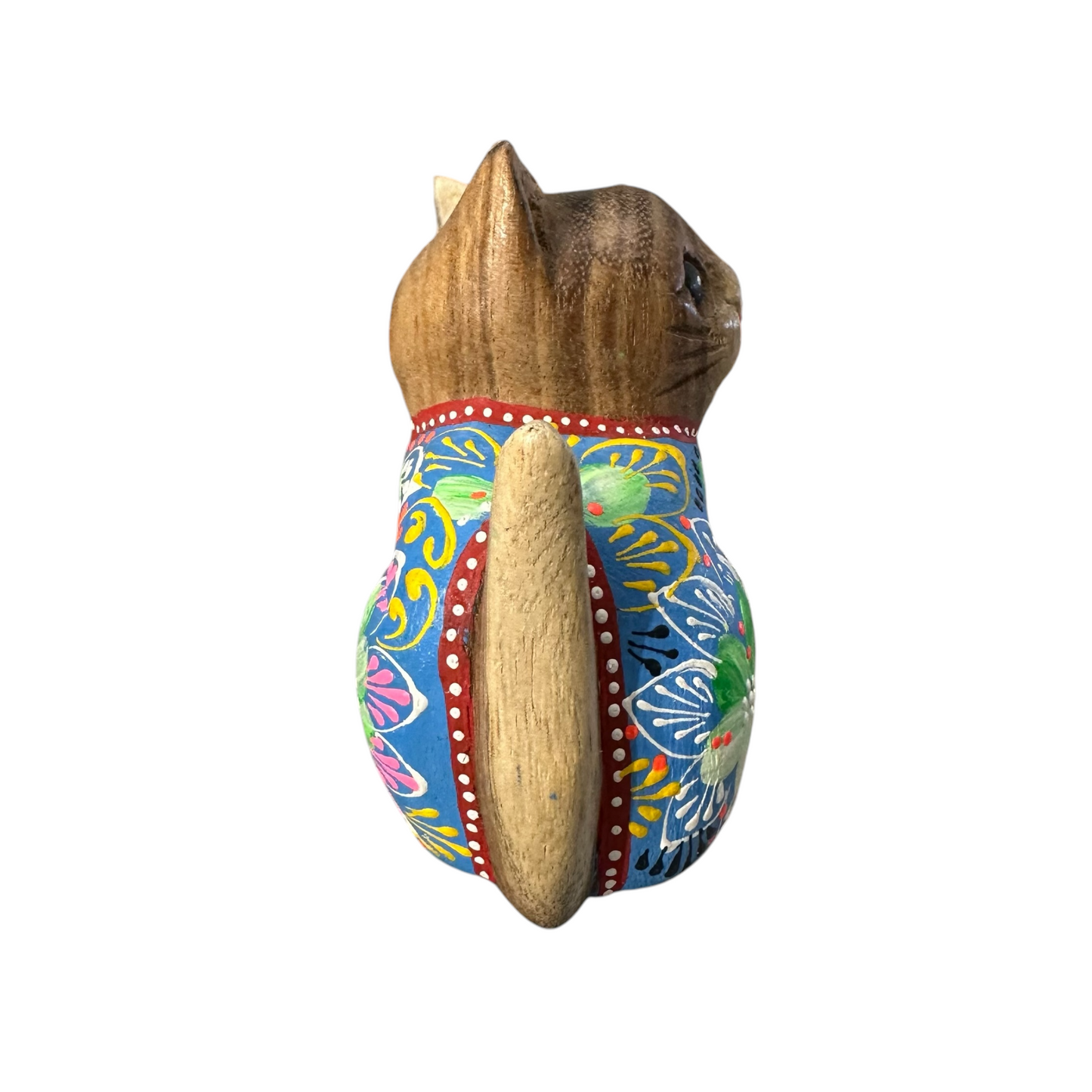 Hand-Carved Wooden Cat Figurine with Hand-Painted Floral Design Blue Version – Azure Blossom Cat