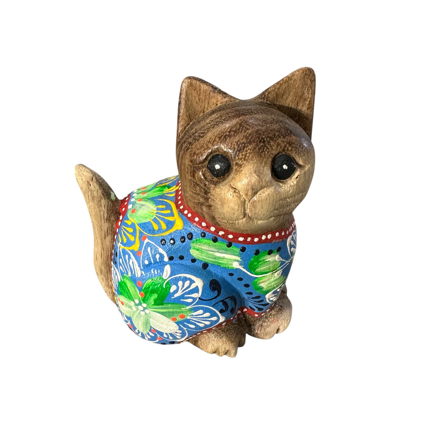 Hand-Carved Wooden Cat Figurine with Hand-Painted Floral Design Blue Version – Azure Blossom Cat