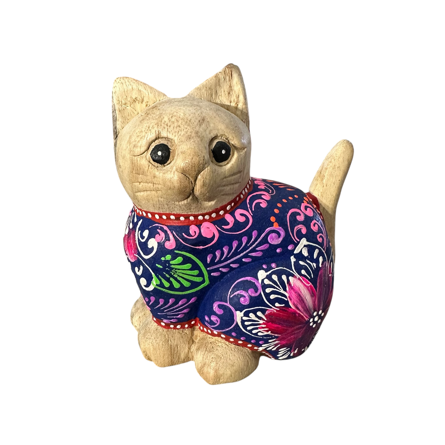 Hand-Carved Wooden Cat Figurine with Hand-Painted Floral Design Twilight Orchid Cat