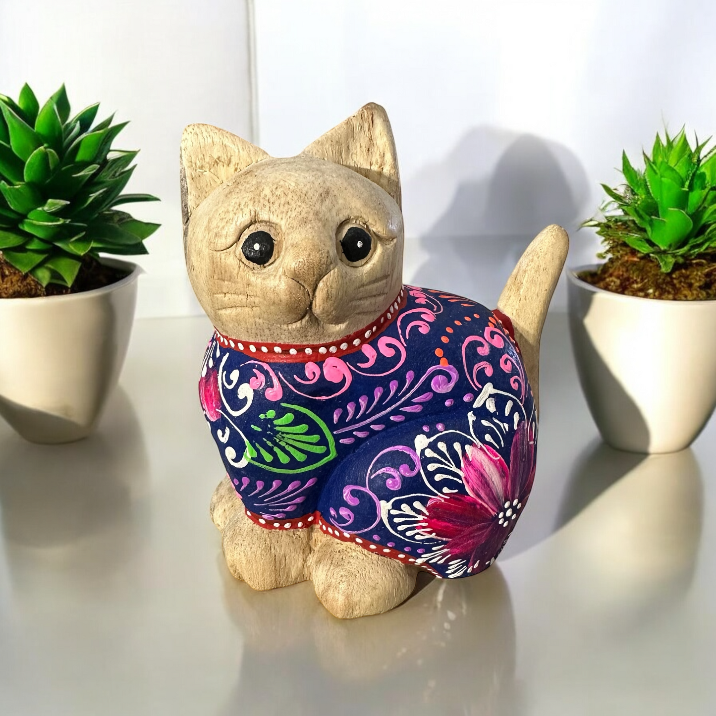 Hand-Carved Wooden Cat Figurine with Hand-Painted Floral Design Twilight Orchid Cat