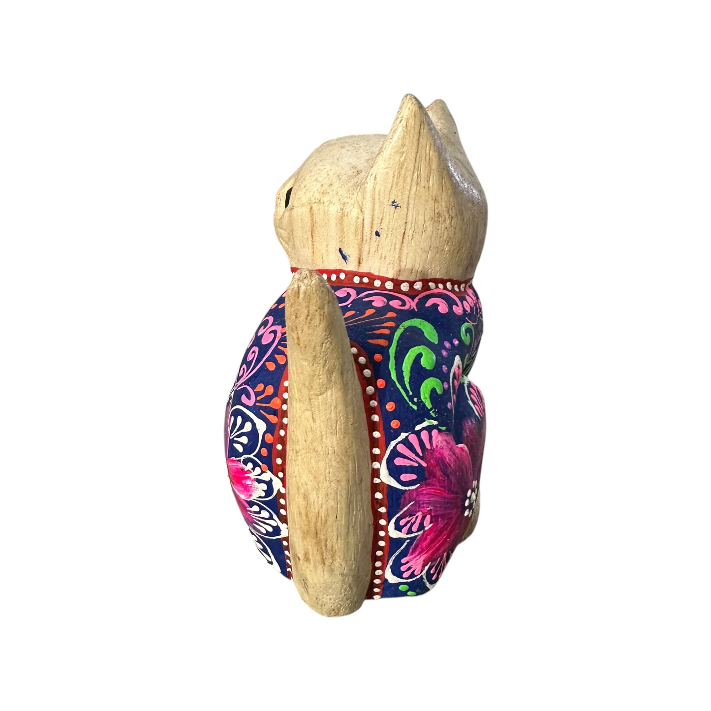 Hand-Carved Wooden Cat Figurine with Hand-Painted Floral Design Twilight Orchid Cat