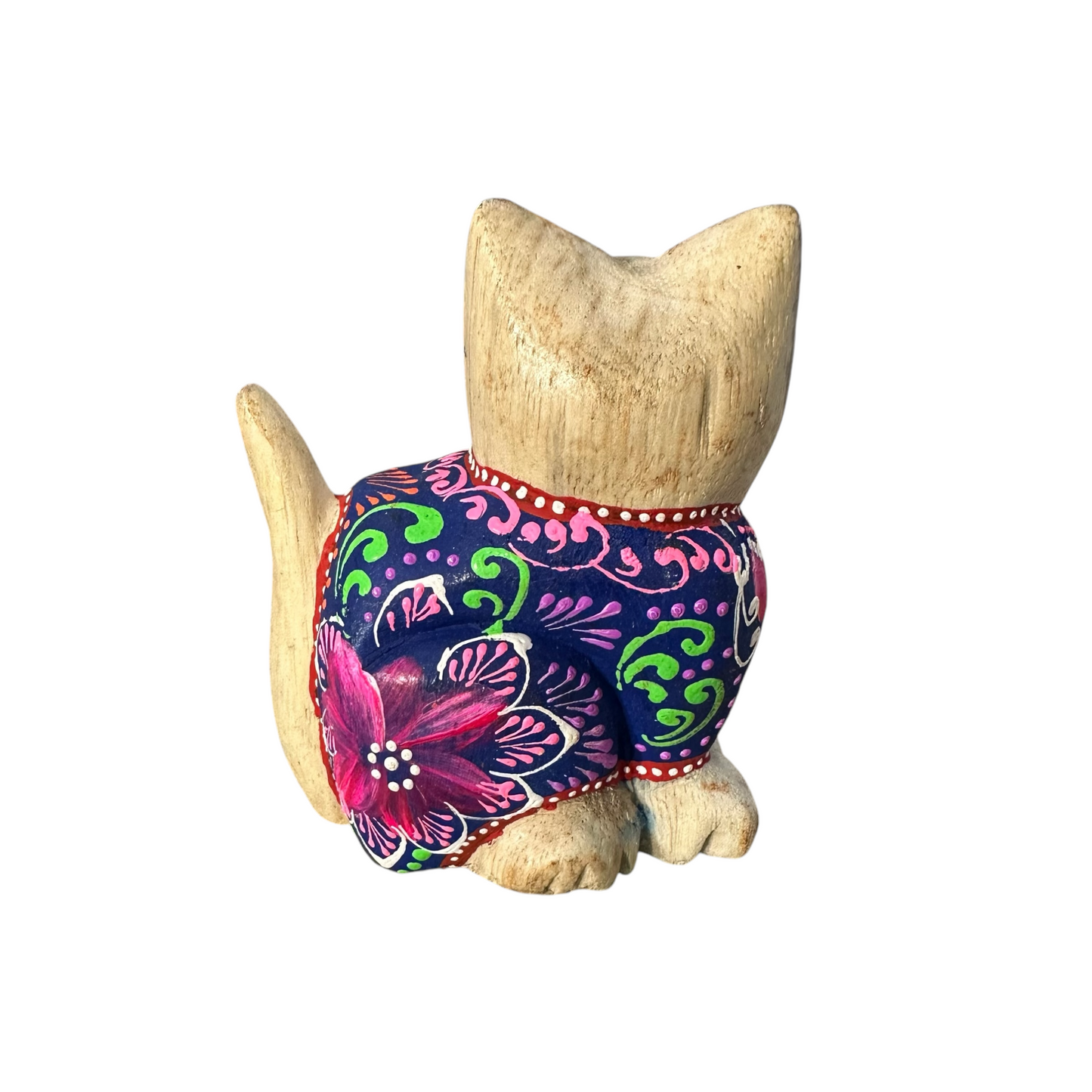 Hand-Carved Wooden Cat Figurine with Hand-Painted Floral Design Twilight Orchid Cat