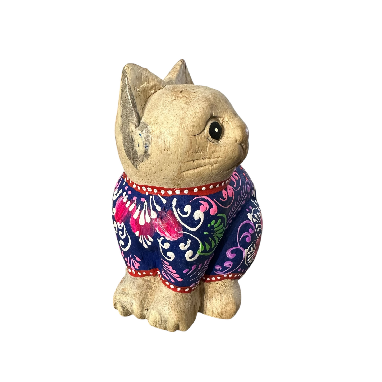 Hand-Carved Wooden Cat Figurine with Hand-Painted Floral Design Twilight Orchid Cat