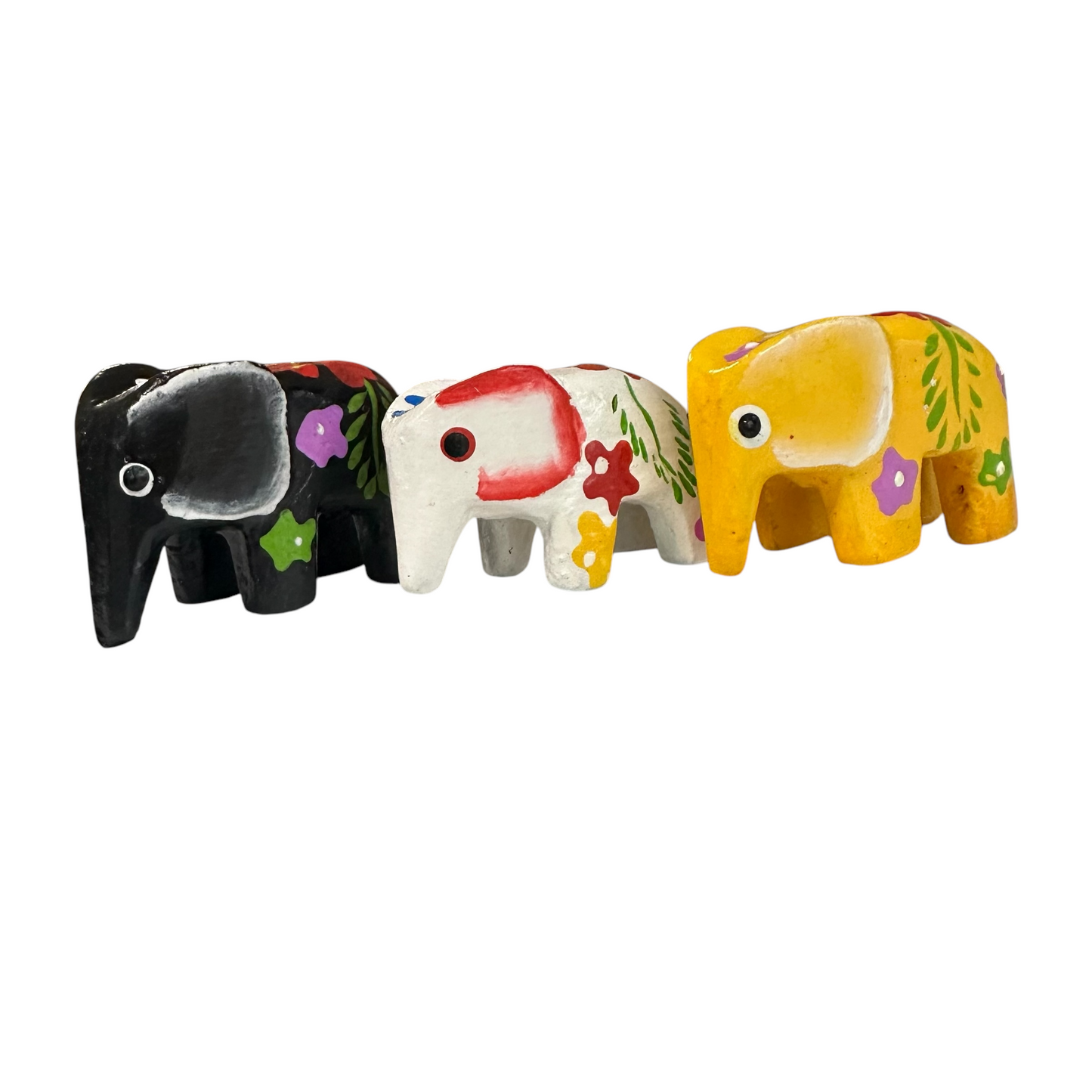 3 Mini Painted Wooden Elephant Figurine