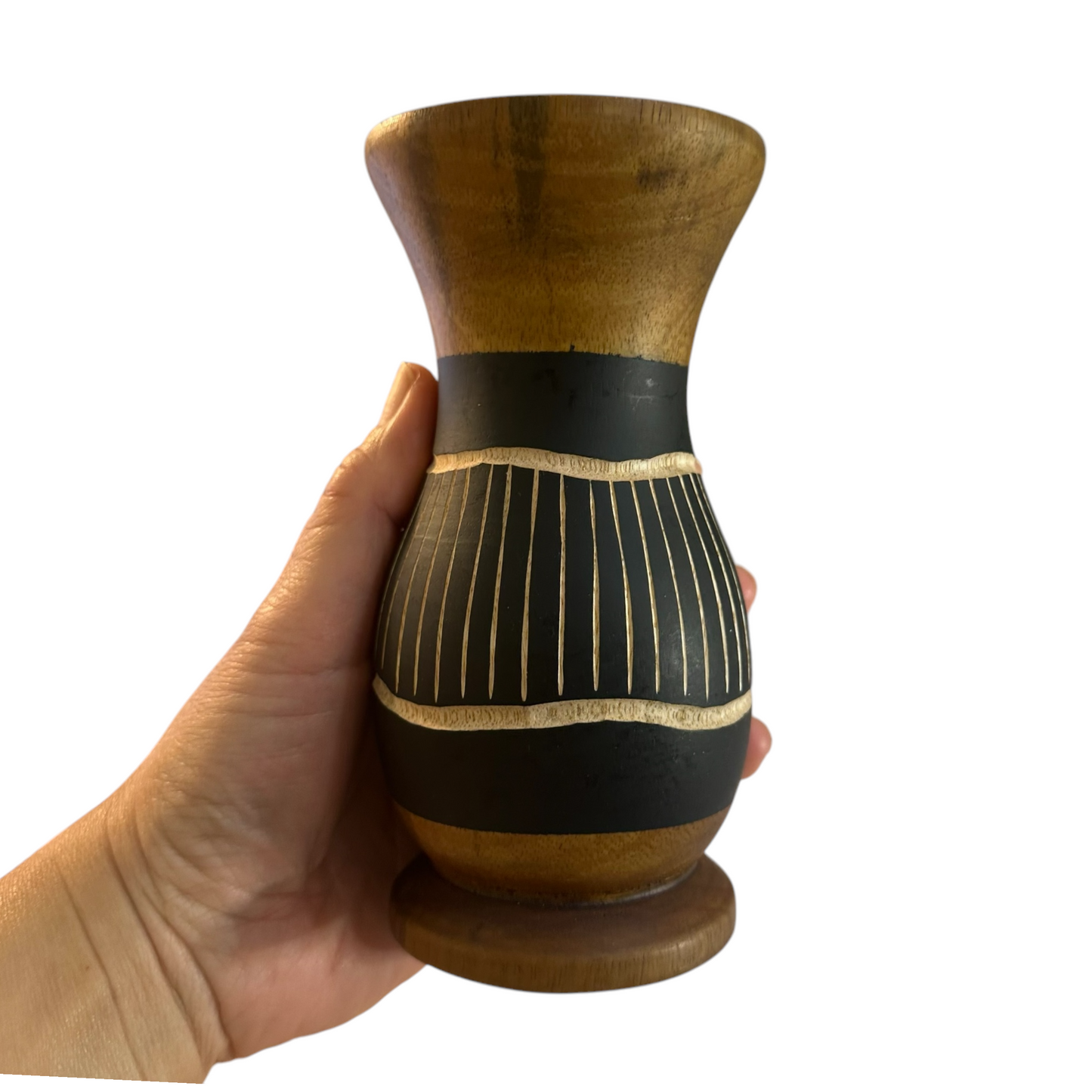 Handcrafted Mango Wood Vase Stripes Pattern