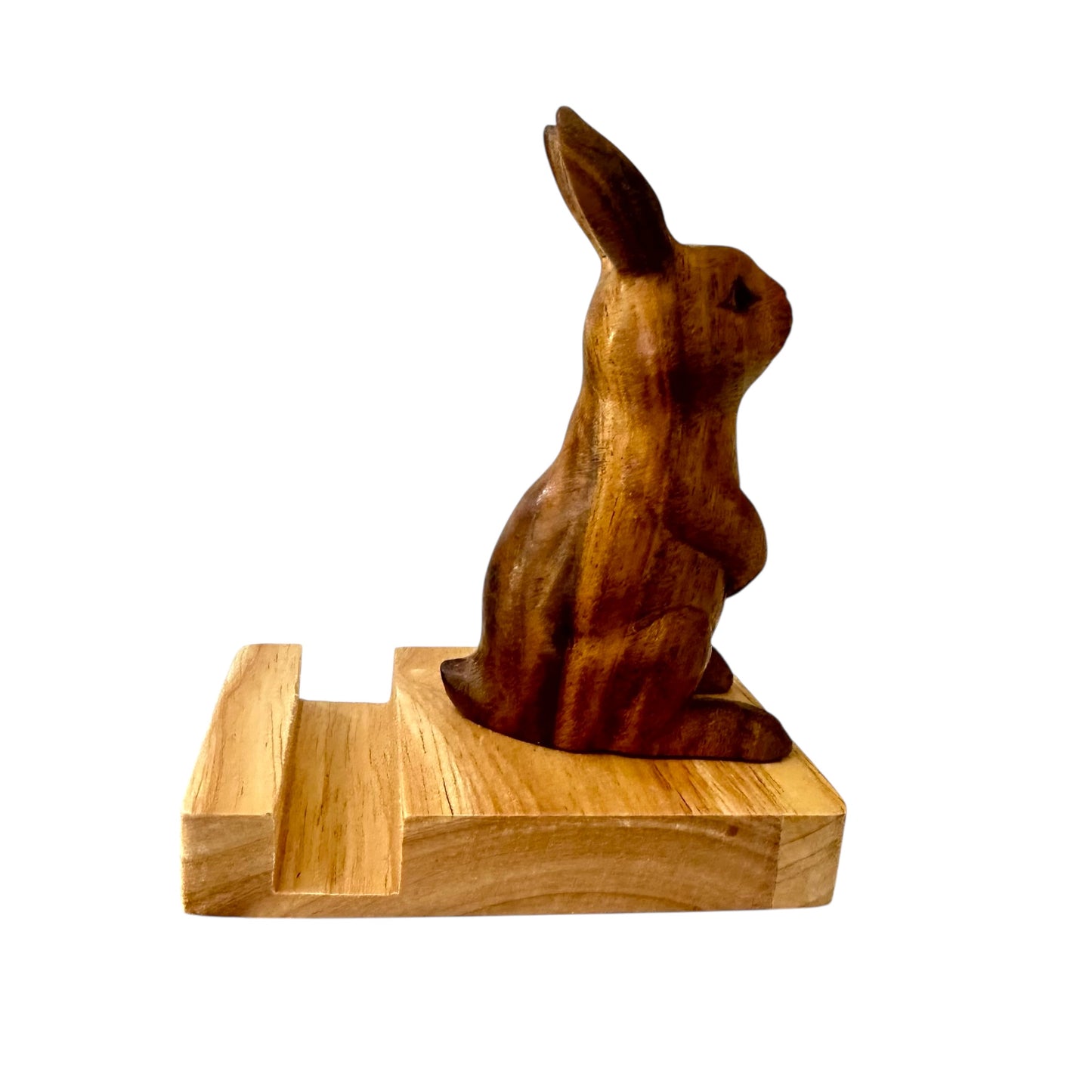 Woodland Rabbit Phone Stand – Hand-Carved Desk Decor