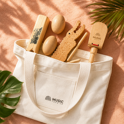 Rhythm Explorer Bundle — 5 Handcrafted Wooden  Instruments + Music Frog Co™ Canvas Tote