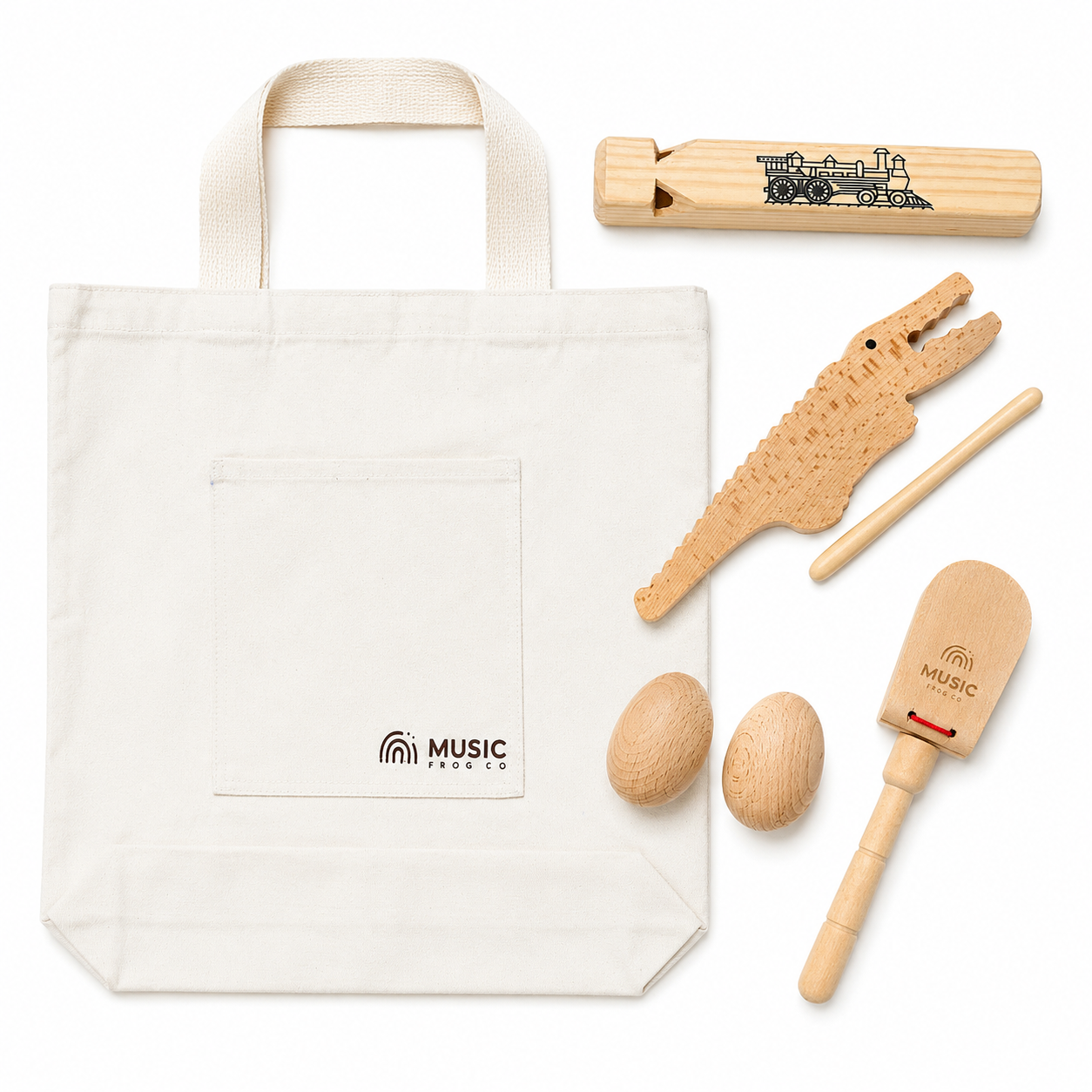 Rhythm Explorer Bundle — 5 Handcrafted Wooden  Instruments + Music Frog Co™ Canvas Tote