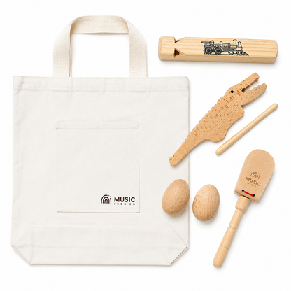 Rhythm Explorer Bundle — 5 Handcrafted Wooden  Instruments + Music Frog Co™ Canvas Tote