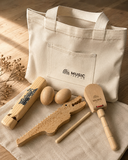 Rhythm Explorer Bundle — 5 Handcrafted Wooden  Instruments + Music Frog Co™ Canvas Tote