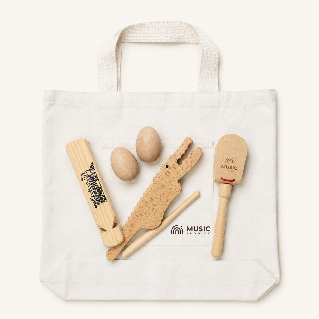 Rhythm Explorer Bundle — 5 Handcrafted Wooden  Instruments + Music Frog Co™ Canvas Tote
