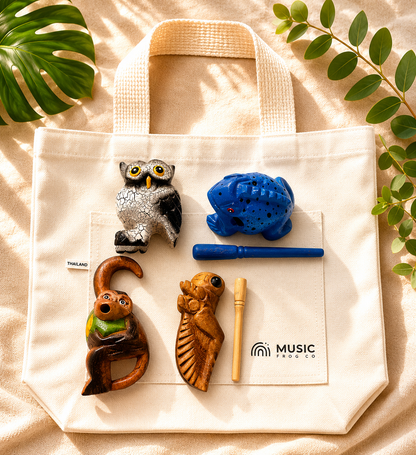 Animal Sound Explorer Bundle — Blue Poison Frog, Cricket, Owl & Monkey + Music Frog Co™ Canvas Tote