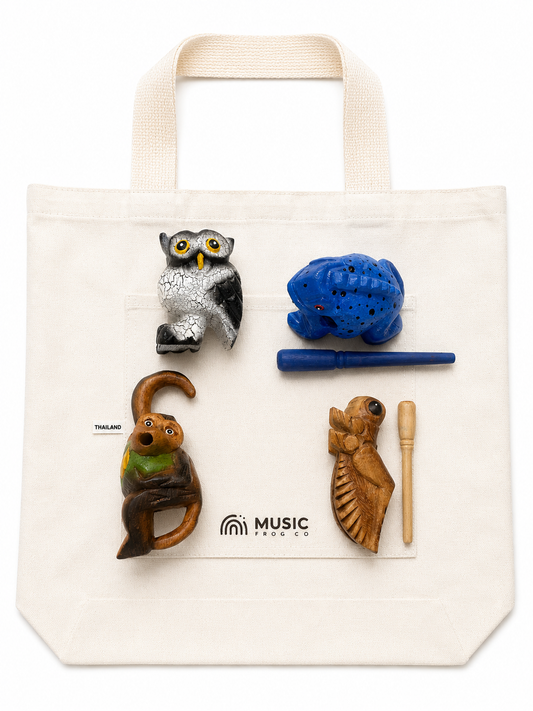 Animal Sound Explorer Bundle — Blue Poison Frog, Cricket, Owl & Monkey + Music Frog Co™ Canvas Tote