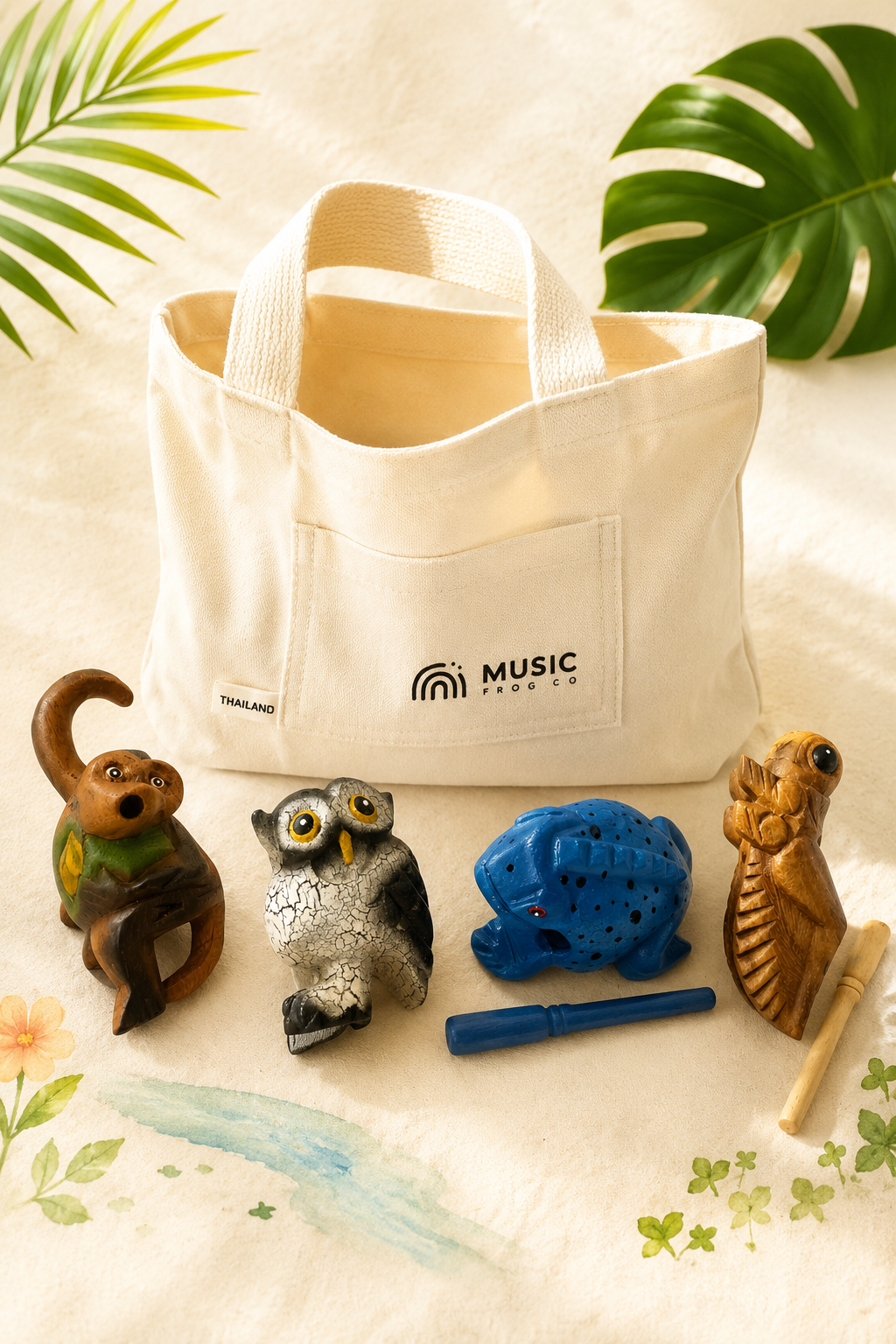Animal Sound Explorer Bundle — Blue Poison Frog, Cricket, Owl & Monkey + Music Frog Co™ Canvas Tote
