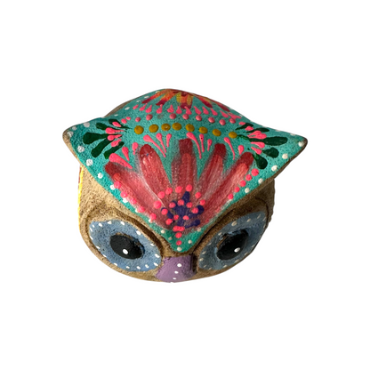 Hand-Painted Wooden Owl Figurine - Blue Floral & Rustic Finish