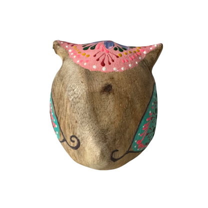 Hand-Painted Wooden Owl Figurine - Pink Blue & Floral Patterns