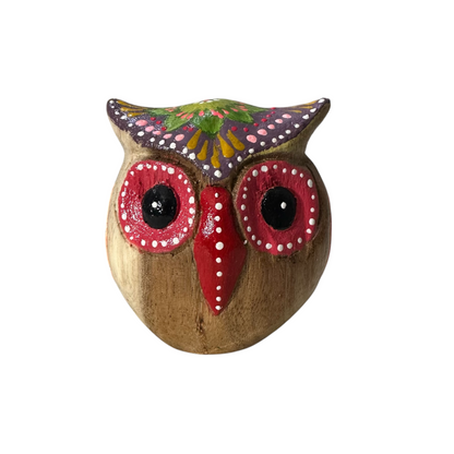 Hand-Painted Wooden Owl Figurine - Classic Red & Colorful Accents