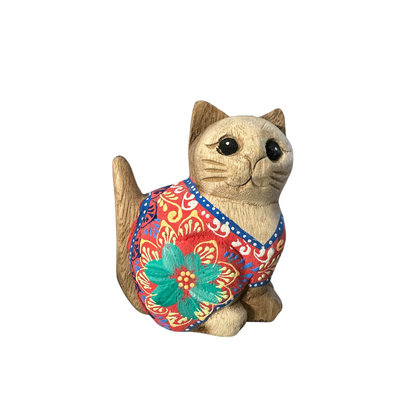 Hand-Carved Wooden Cat Figurine with Hand-Painted Floral Design Red Version – Siam Ruby Cat