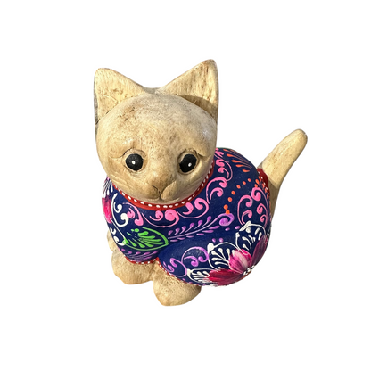 Hand-Carved Wooden Cat Figurine with Hand-Painted Floral Design Twilight Orchid Cat