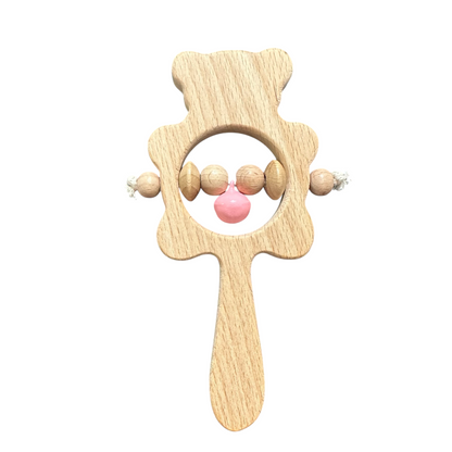 Wooden Bear Rattle Shaker – Pink Bell Edition