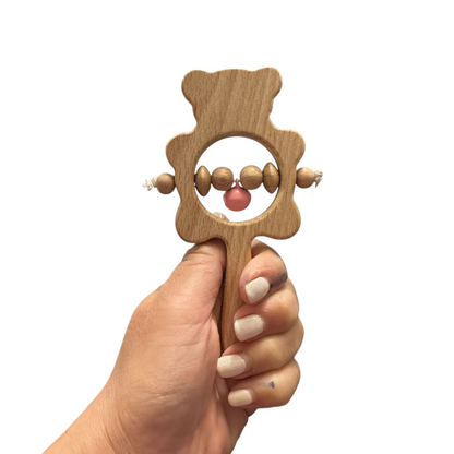 Wooden Bear Rattle Shaker – Pink Bell Edition