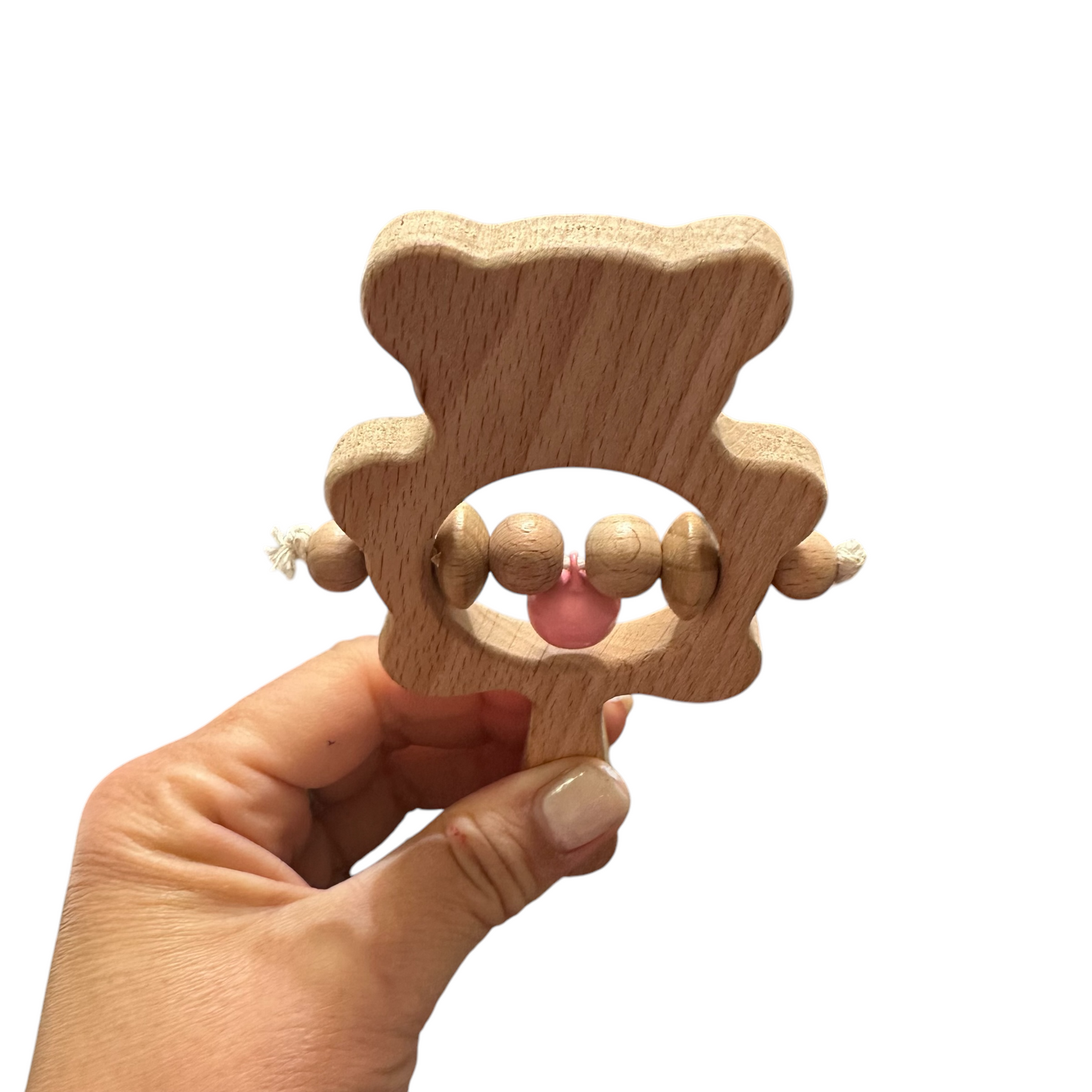 Wooden Bear Rattle Shaker – Pink Bell Edition