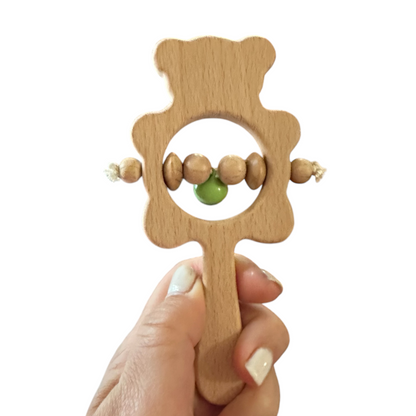 Wooden Bear Rattle Shaker – Green Bell Edition