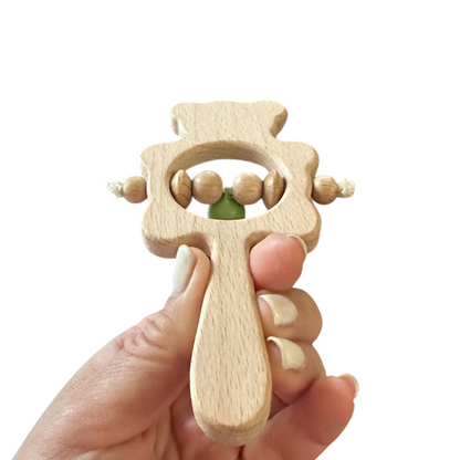 Wooden Bear Rattle Shaker – Green Bell Edition