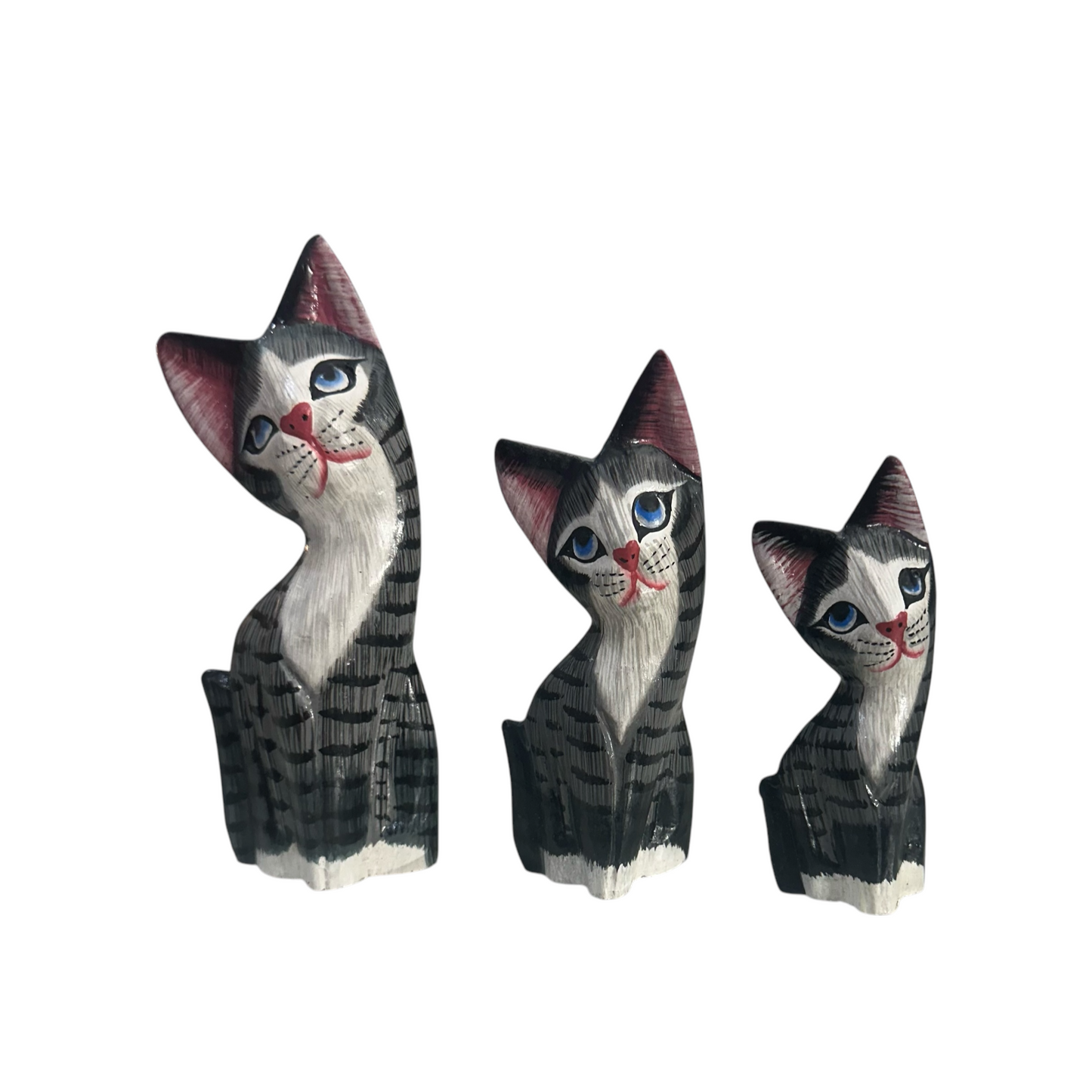 Set of Wooden Gray Cute Cat Decoration Figurine