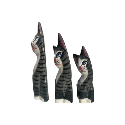 Set of Wooden Gray Cute Cat Decoration Figurine