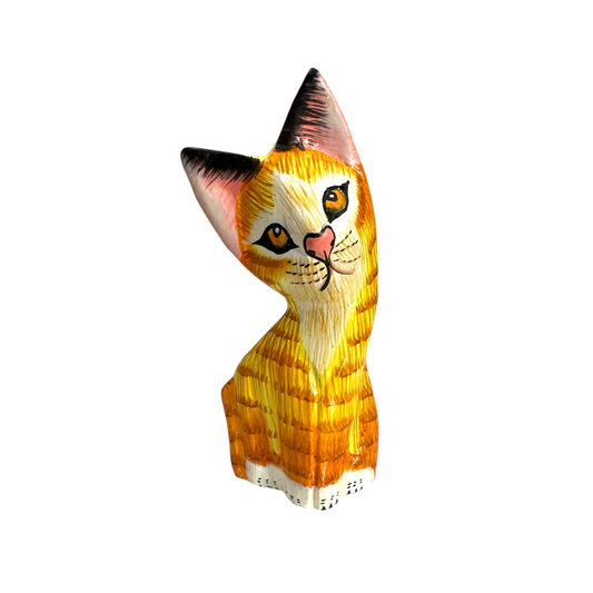 Wooden Yellow Curious  Cat Decoration Figurine