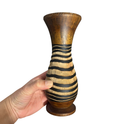 Tall Handcrafted Mango Wood Vase Tribal Pattern