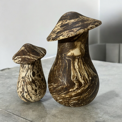 Forest Whimsy Hand-Carved Wooden Mushroom Duo