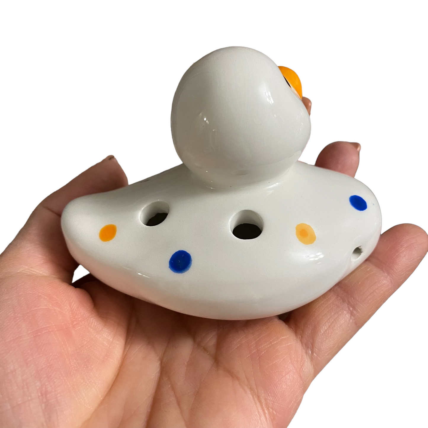 Ceramic Duck Ocarina White with spots