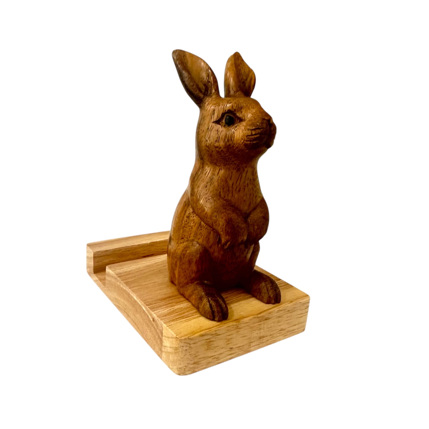 Woodland Rabbit Phone Stand – Hand-Carved Desk Decor