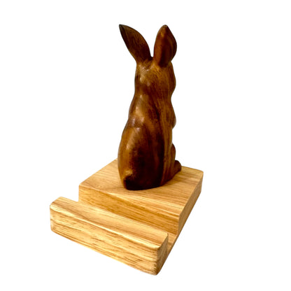 Woodland Rabbit Phone Stand – Hand-Carved Desk Decor