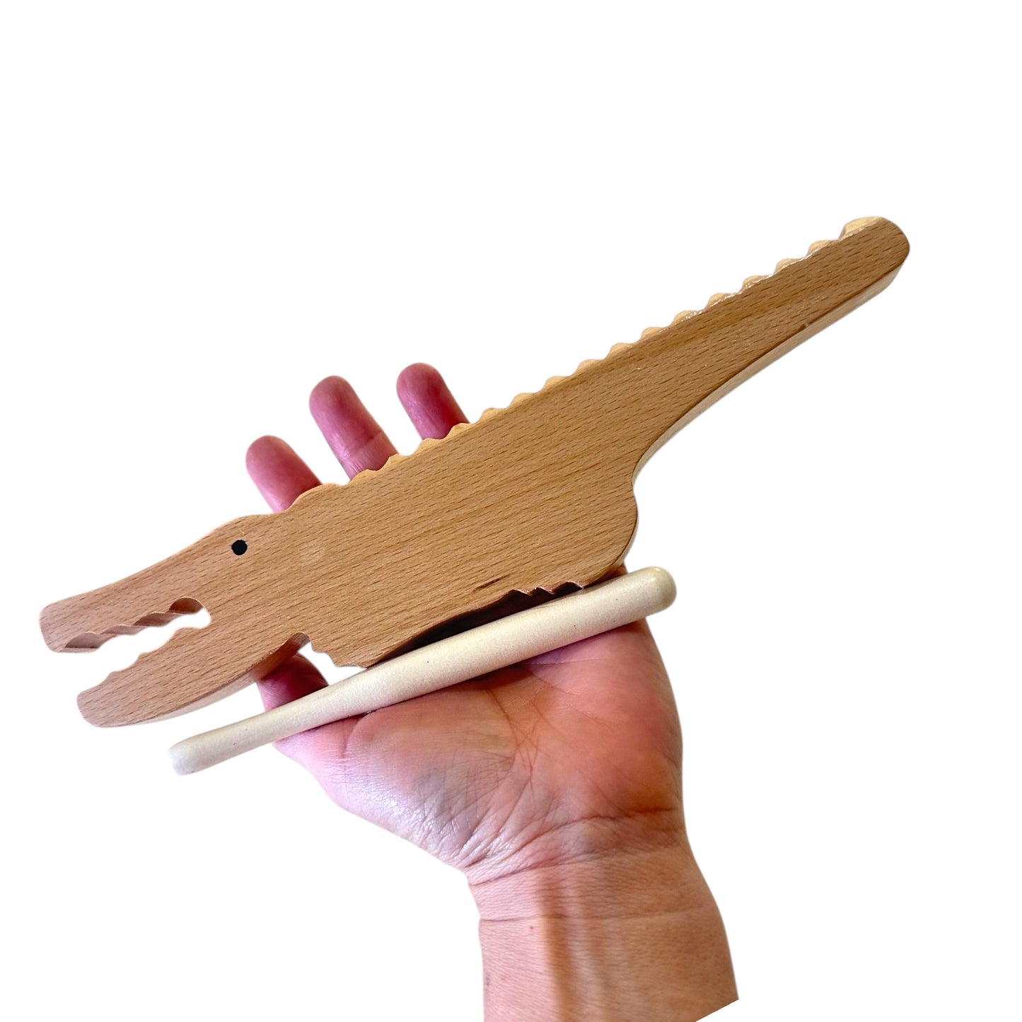 Wooden Alligator Guiro – Minimalist Crocodile Percussion Instrument with Mallet, Natural Wood Musical Gift