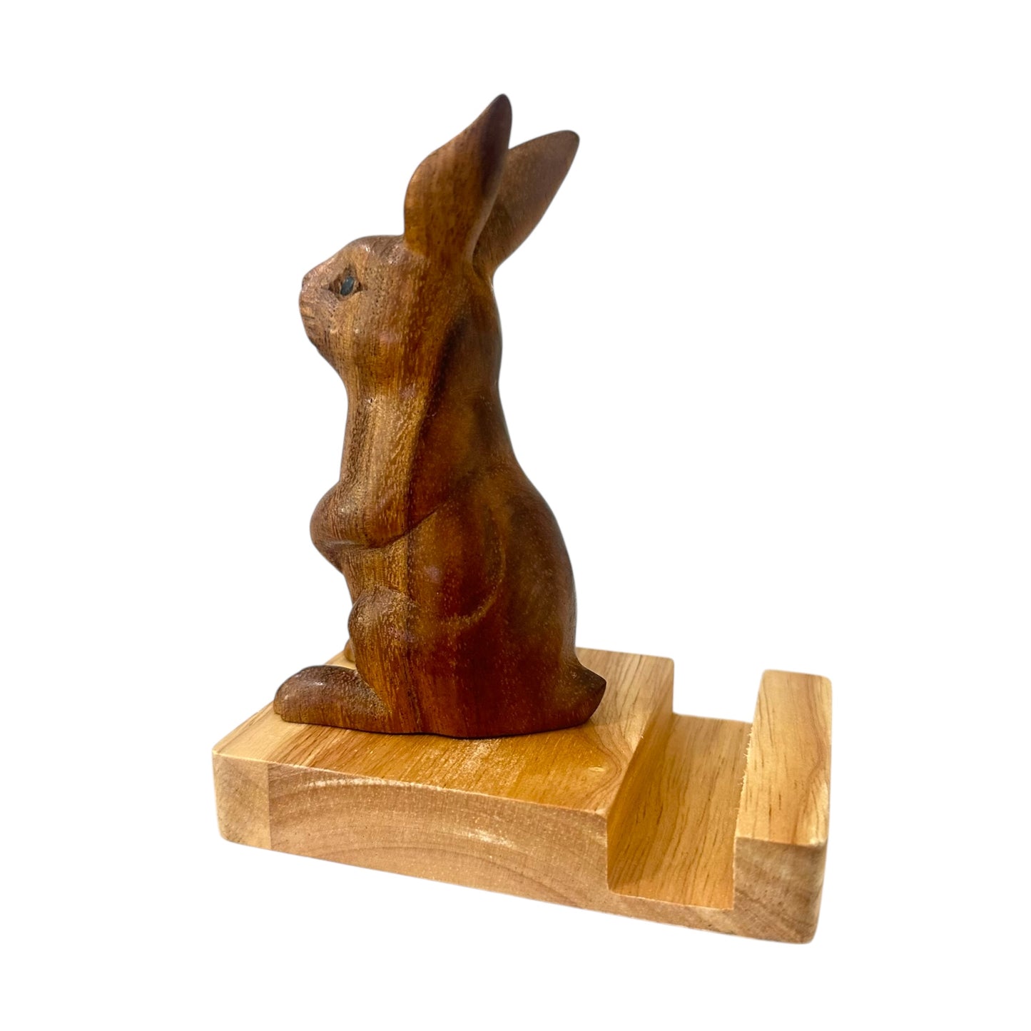 Woodland Rabbit Phone Stand – Hand-Carved Desk Decor
